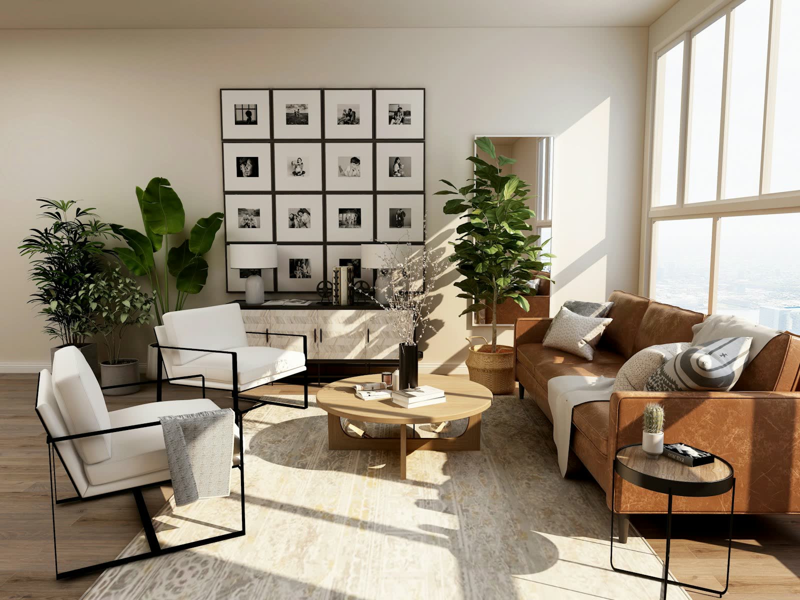 Bright refurbished living room with tall windows and timber floor